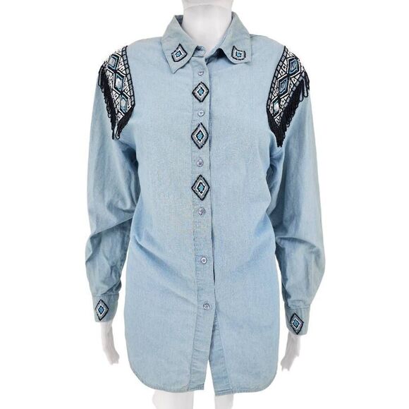 Vintage Women's Western Beaded Button Up Shirt Western Blue S - Picture 1 of 7